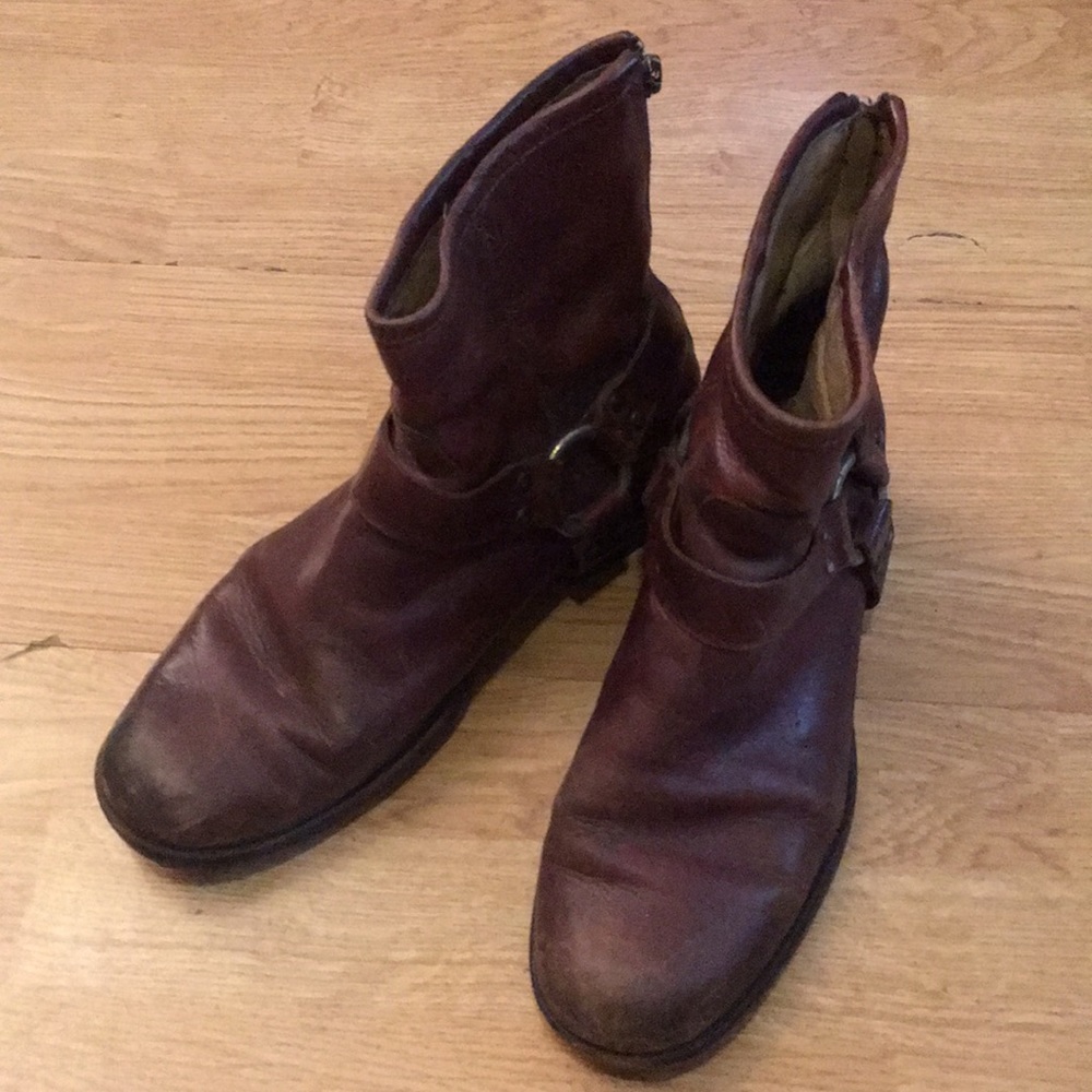 Brown leather Frye boots with buckle strap